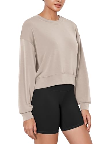 Image of ODODOS Modal Soft Long Sleeve Cropped Sweatshirts for Women Oversized Crew Neck Pullover Crop Top