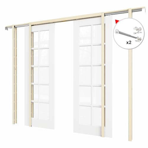 Image of 72 inch x 80 inch (Double 36 inch x 80 inch) 10-Lite Clear Glass Pocket Door, Soft-Close Sliding Pocket Door with Frame & Hardware Kit Set, Primed All-Inclusive Interior Door Slab for Home, White, Need to Assemble