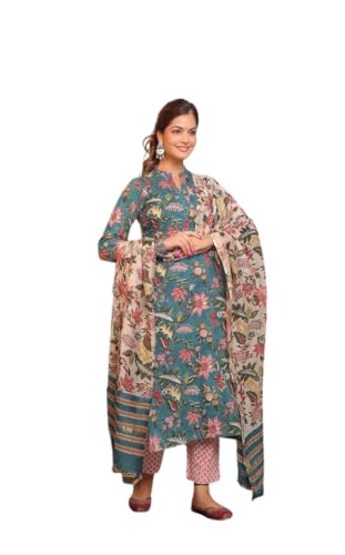 Image of Leriya Fashion Cotton Printed Kurta Sets for Woman | V Neck Festive Anarkali Suit for Women | Ethnic Kurta Set with Dupatta for Women | Wedding Kurti Set for Woman