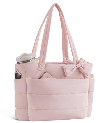 CTWWFS Puffer Tote Bag for Women Quilted Bow Tote Bag with Cup Holder & 15.6 In Laptop Compartment Lightweight Puffy Shoulder Bag with Zipper for Work Travel Gym College (Pink)