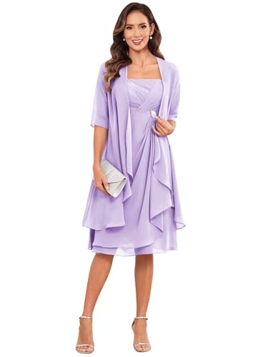 Homiily Chiffon Mother of The Bride Dress Lilac Formal Dress Ruffle Evening Gowns with Jacket Sleeves Size 16