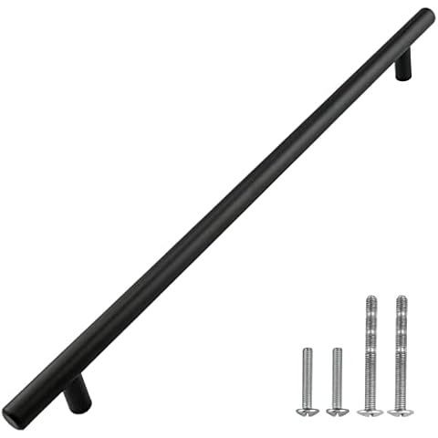 Modket 10 Pack Euro Round Cabinet Handles Pulls 304 Stainless Steel — 14" Overall Length, 11-3/8" (288mm) Hole Centers, Matte Black Cover