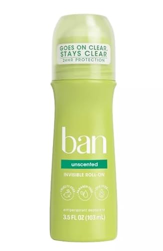 Ban Invisible Roll-on Antiperspirant Deodorant for Women and Men, Unscented, 3.5 oz (Pack of 1)