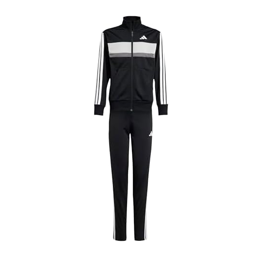 adidas Unisex Kinder SEASONAL ESSENTIALS TIBERIO 3 STRIPES TRICOT TRACKSUIT, Black/White/Grey Two, 15-16 Years
