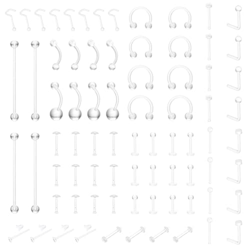76pcs,clear piercing retainer for surgery,Bioflex Nose Rings clear earrings for sports lip rings eyebrow piercing jewelry horseshoe nose ring, nipple ring dangle belly tongue rings tragus piercing industrial piercing jewelry for Women and Men