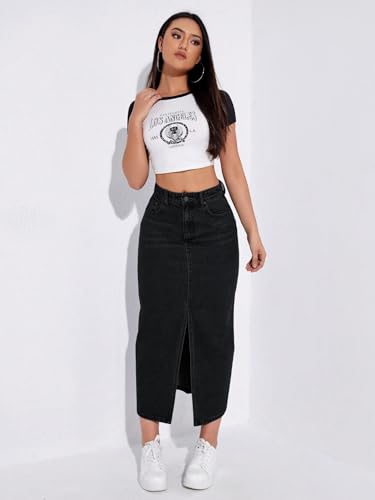 Image of Shasmi Women's Spring /Summer Casual Front Split Thigh Straight Denim Skirt ll Denim Skirt for Women Long ll Skirt & top for Women ll Skirts for Women Long Length (Skirt 159)