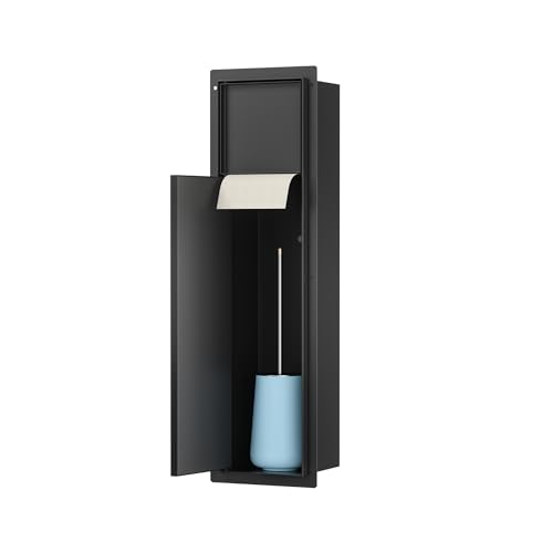 Bernkot Edelstahl Unterputz Toilettenpapierhalter, Klopapierhalter mit Aufbewahrung Bietet Platz für Neue Rollen/Klobürstengarnitur, WC Papier Halterung für Toilette, 63×15×15cm, Schwarz