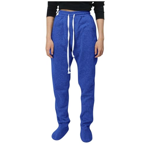 Pantalones de lino para mujer, de felpa e invierno, color liso, informales, deportivos, cintura, azul, XL