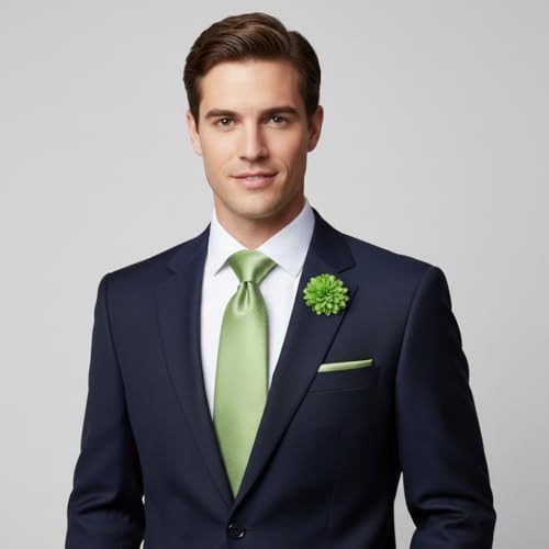 Image of 5PCS Mens Premium Silk Tie, Pocket Square, Cufflinks, Drilled Tie Ring and Lapel Pin Set for Wedding Groom Party