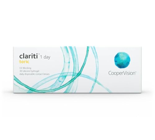 Clariti 1 Day Toric Lentes de contacto tóricas diarias, R 8.6, D 14.3, 4 dioptría, cilindro -1.25, eje 180-30 lentillas