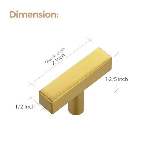 Image of Ravinte 20 Pack Cabinet Knobs and Handles - 2 Inch Gold Square T Knobs for Kitchen Cabinets and Drawers - Single Hole Pulls With Mounting Template