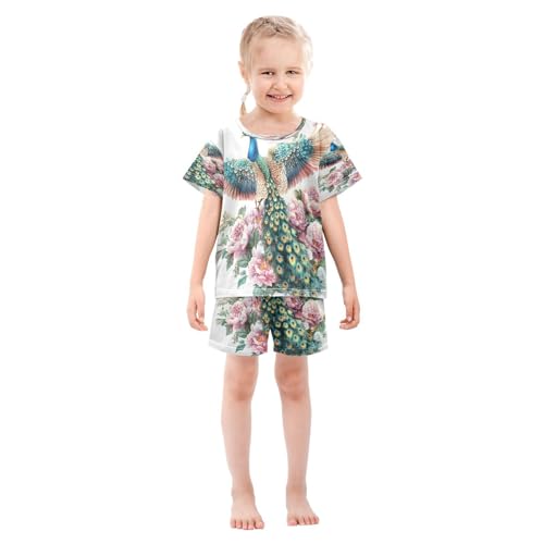 ALAZA Beautiful Flower Peacock Bird Pajamas Set Short Sleeve Cotton Sleepwear Summer Pjs 2 Piece 5-14Y3