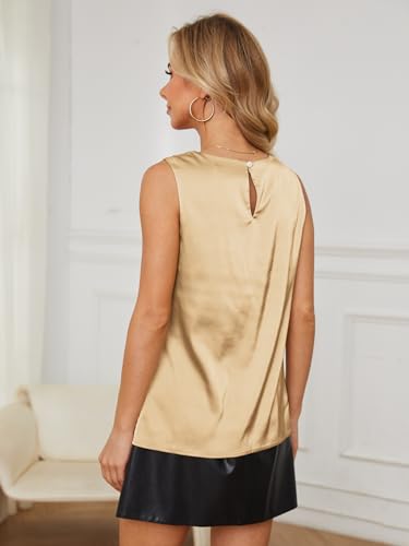 Womens Silk Satin Tank Tops Crew Neck Casual Cami Sleeveless Camisole Blouses Summer Tank Shirt Back Closure2