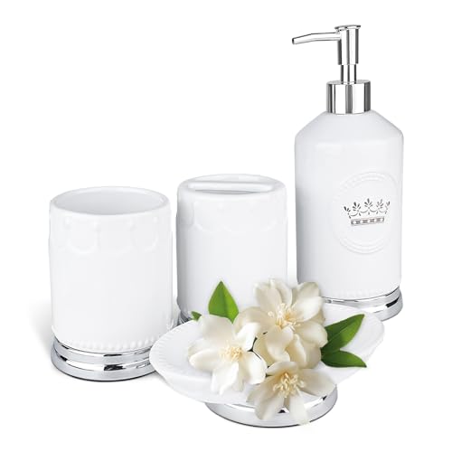 Bathroom Accessory Set, 4 Pcs Ceramic Sets with Crown Motif, Toothbrush Holder, Soap Dispenser, Soap Dish, Tumbler Cup, Modern Bathroom Sink Set Vanity Countertop Decor, White and Silver