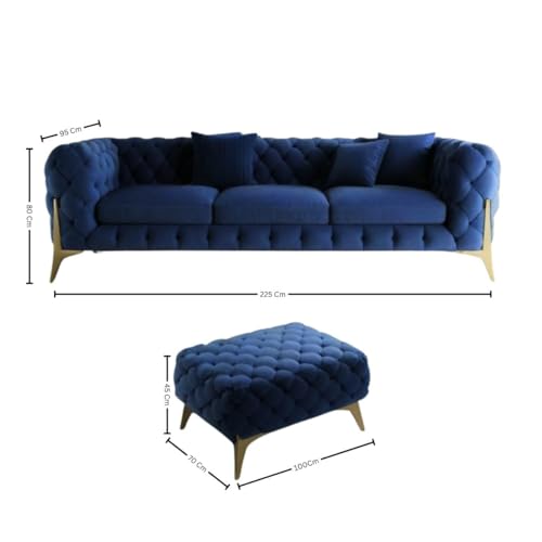 Image of Chesterfield Velvet Upholstery 3-Seater with Armchair and Footrest, Design in 3+1+Footrest Sofa for Living Room, Bedroom, Hallways (Blue 2)