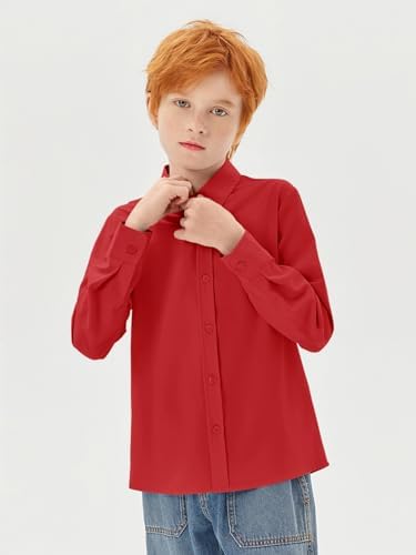 Haloumoning Boys Long Sleeve Dress Shirts Kids Classic Collared Button-Down Shirt School Uniform Shirts 5-14 Years, Red, 13-14 Years — view 2