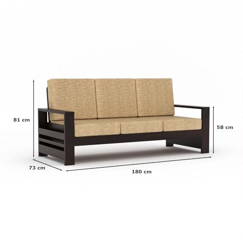 Image of Sheesham Wooden 5 Seater Sofa for Living Room | Rosewood 5 Seater Cushion Sofa with Side Rack | Solid Wood Sofa Set for Lounge (3+1+1,Walnut)