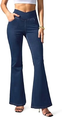 Flvsun Womens High Waisted Flare Jean Leggings Bell Bottom Jeans for Women Knit Crossover Stretchy B...