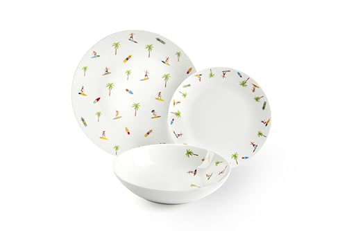 Excelsa Honolulu Servizio Piatti 18 Pezzi, Porcellana, Set 6 Persone, Bianco con decorazioni