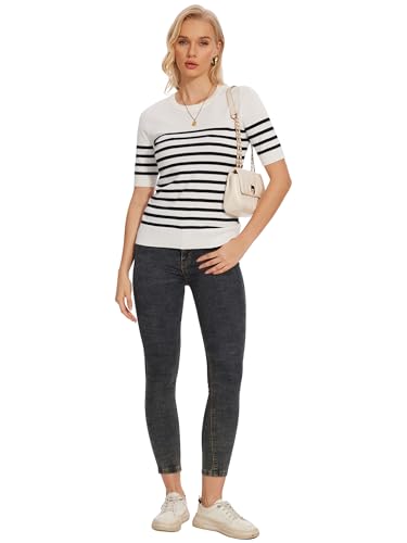 Image of Spicy Sandia Women's Short Sleeve Sweater Casual Knit Pullover Top for Summer Lightweight White and Black Striped M