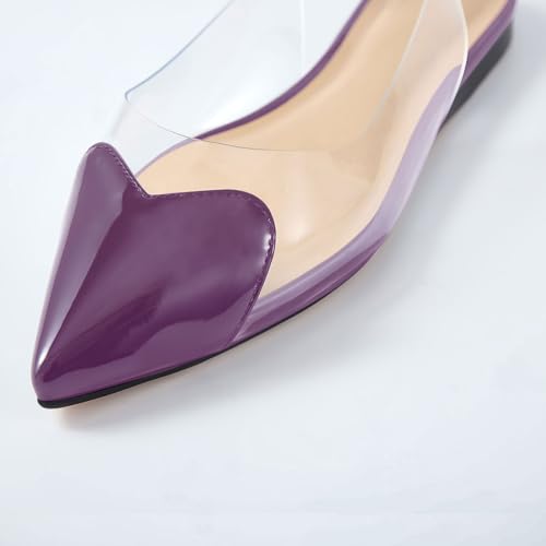 Women's Fashion Pointed Toe Heart Transparent PVC Slingback Flat Shoes Comfort Slip On Cap Toe Clear Ballet Flats Work Wedding Dress Flat Shoes for Women Purple Size 93