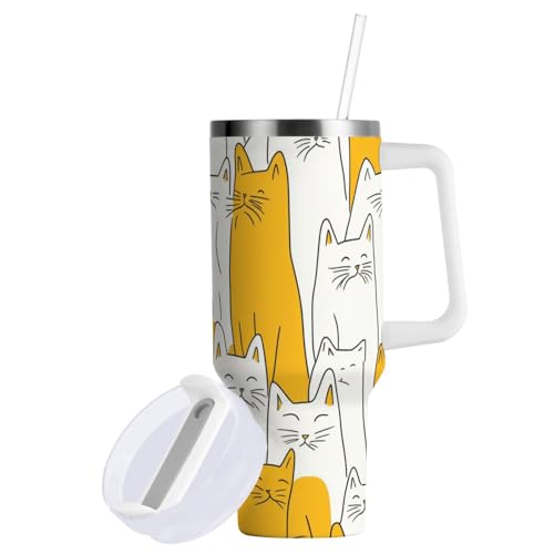 Vaso al vacío de 40 onzas con tapa de pajilla, diseño de gatos blancos y amarillos, botella de agua corriente reutilizable, taza de café de viaje para casa, oficina, coche