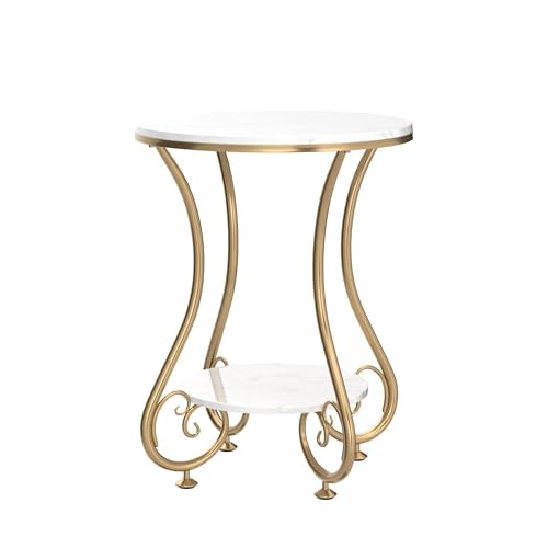 Image of Simple Modern Bedside Side Table with Farmhouse Accent Coffee Table, Engineer Top Metal Living Room Sofa, End Table,Small Round Table (White Gold-A)