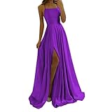 Genérico Langes, elegantes Abendkleid aus Satin für Damen, A-Linie, sexy Abendkleid mit Neckholder, Brautkleid mit dünnen Trägern, dunkelviolett, XXXL