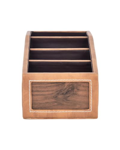 Image of Premsons Classic Remote Holder - 4 Section Tabletop Organizer in Light Brown | Faux Leather with Refined Wooden Finish | Decorative & Practical Organizer - Tan
