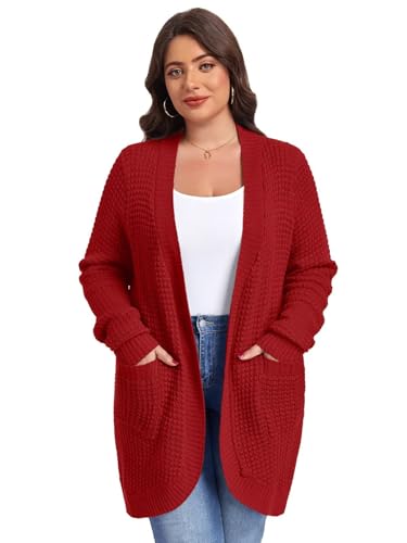 Image of LARACE Long Cardigans for Women Plus Size Tops Open Front Sweaters with Pockets Waffle Ribbed Sleeve Loose Fall Outwear