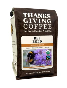Thanksgiving Coffee "Bee Bold - Medium Roast" Medium Roasted Fair Trade Organic Whole Bean Coffee - 12 Ounce Bag