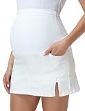 CEITAJUI Women's Maternity Denim Skirt High Waisted Stretchy Jean Skirts Summer Pregnancy Slit Mini Skirt, White Medium
