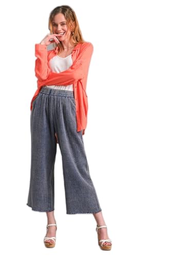 Umgee Mineral Wash Elastic Waistband Pants with Side Pockets & Unfinished Frayed Hem Detail