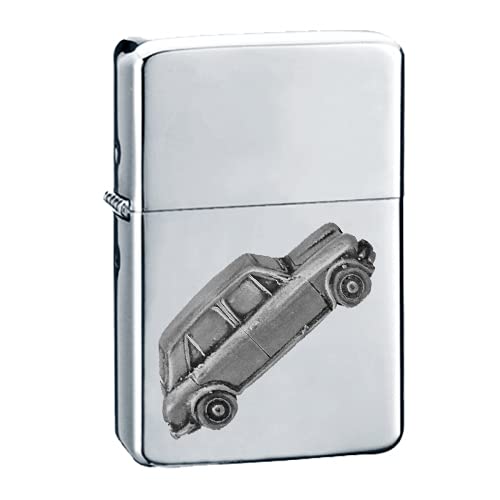 Briquet à essence rechargeable argent fin, fini effet étain anti-vent voiture Princesse 1300