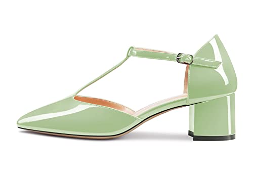 NobleOnly Women Chunky Block Low Kitten Heel Close Pointed Toe T-Strap Pumps Buckle Office Dress Shoes 2.0 Inches Heels2