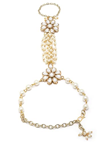 Image of Karatcart Gold Plated Baby Pink Pearl Chain Kundan Hathphool