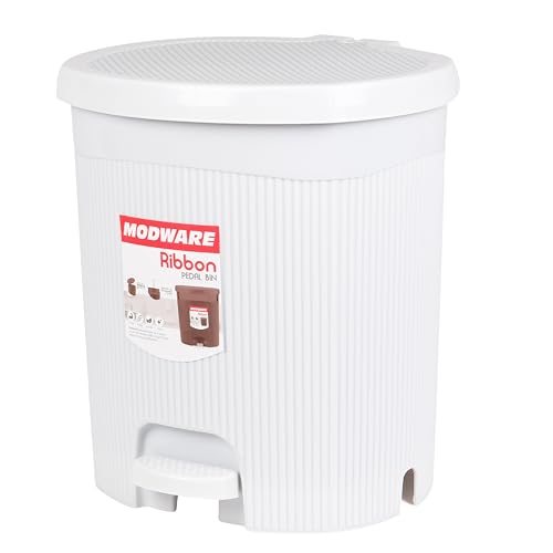 Image of MODWARE Premium Plastic Pedal Dustbin with Removable Bucket, PP Polypropylene, Hands-Free, Grey, for Kitchen, Office, College (White)