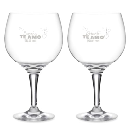 DEREGALOOS Copa de Gin Tonic Personalizada. Copas de Balón 62 cl de Cristal. Pack de 1 o 2 Opcional con Estuche. Regalo Original para San Valentin Cumpleaños Parejas Eventos (2 Copas)