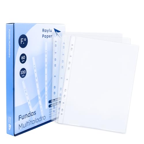 Raylu Paper®   Fundas multitaladro de polipropileno 100% reciclable, fundas para documentos de gran apertura, lomo reforzado. 100 unidades. (Transparente   Cristal, Folio   60 micras)