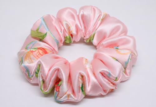Image of Satin Scrunchies Hair Bands for Women | No-Damage Elastic Hair Ties for Ponytails & Buns | Fluffy & Stylish Rubber Bands | Free Size | Pack of 4 | Angel Blush Lg (Large Size)