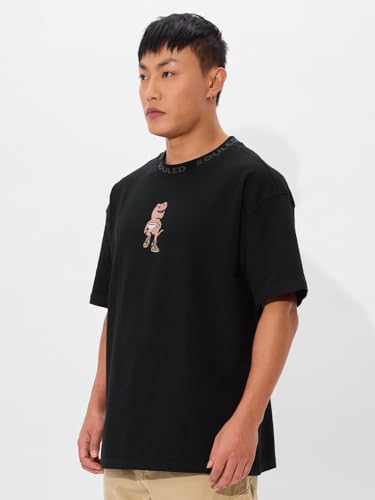 Image of The Souled Store Tea-Rex Men and Boys Short Sleeves Round Neck Black Embroidered Cotton Oversized T-Shirts