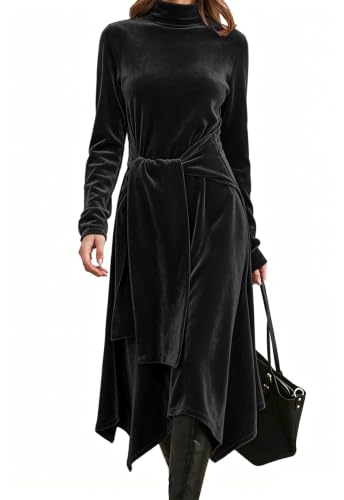 Image of Jayscreate Women's 2023 Long Sleeve Sweater Dress Fall Winter Midi Tie Front Knit High Waist Business Casual Dress