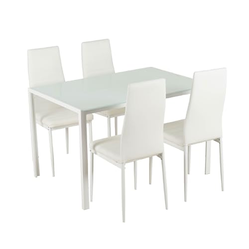 IlGruppone Set Sedie e Tavolo da Pranzo con Ripiano in Vetro Temperato e Sedia Imbottite in Similpelle Nera Design Moderno, 4 o 6 Posti Ideale per Cucina o Soggiorno - Bianco - 4 Posti