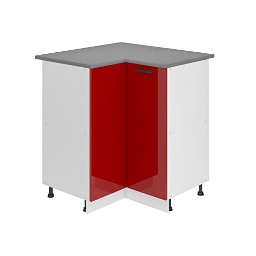 Belini Unterschrank Küche, Küchenunterschrank 90 cm Breite. SNP Küchenunterschrank mit Arbeitsplatte. Eckschrank Küche mit 1 Tür, Rot Hochglanz