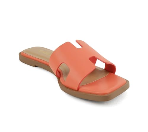 Soda Knit ~ Women Square Toe H-Band Flat Slide Sandals (Orange Pu, 10) by Soda - Used condition - Image 4