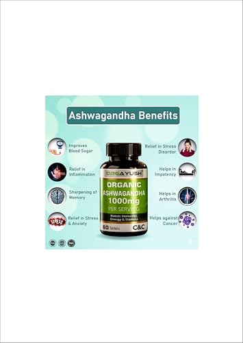 Image of Organic Ashwagandha 1000mg Tablets - Energy, Strength & Stamina Support Supplement, Stress Support & Sleep Wellness Formula with Himalayan Ashwagandha (Pack of 2)