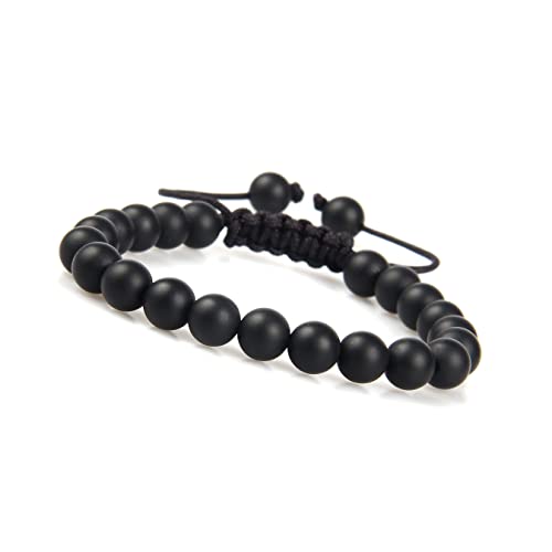 Bracelet de Perles pour Hommes en Agate Noire véritables - Bracelet énergétique entièrement réglable - Bracelet de Boules de Chakra 8mm