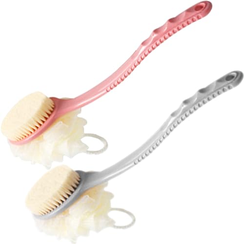 AARAINBOW Bath Body Brush Back Spong 2 Packs Shower Brush with Long Handle Loofah Back Scrubber Exfoliating Back Brush Bath Sponge Massage Bristles for Women Men Elderly (Gray+Pink)