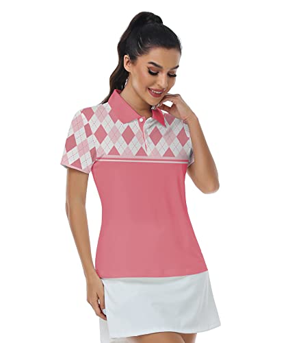Igeekwell Womens Pink Golf Shirt Short Sleeve Slim Fit Tennis Shirt Golf Polo Shirts Argyle Summer Cute Tops X-Large #TOP2