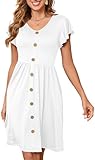 LalaLin Women's V-Neck Dress A-Line Ruffle Sleeves Button Front Comfortable Summer Casual Dresses with Pockets White